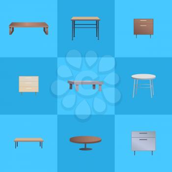 Tables collection interior, decor and items for comfort, furniture and tables set of different shapes vector illustration isolated on blue background