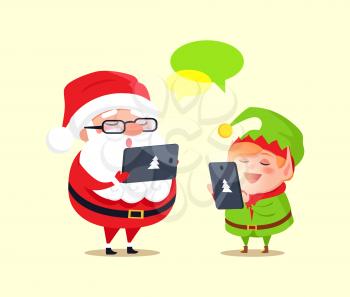 Santa and elf cartoon characters chatting with help of modern computer technologies. Father Christmas use tablet and little helper with smartphone vector