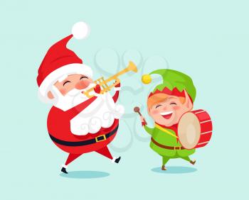 Santa playing on trumpet, green elf with drum musical instrument vector illustration with cartoon winter character in hat isolated on blue background