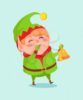 Cartoon elf close mouth by hand in mittens cause of laugh ringing bell by other arm vector illustration postcard isolated on blue background