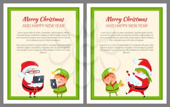 Merry Christmas and happy New Year, modern Santa and elf with laptops and sign of evergreen tree, text sample and titles vector illustration