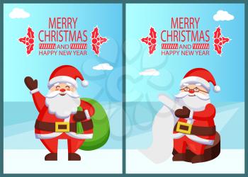 Merry Xmas and Happy New Year postcard Santa Claus reading wishlist sitting on wooden stump, Father Christmas with green sack bag vector poster on snow