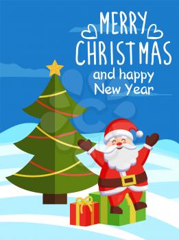 Merry Christmas and Happy New Year inscription, poster Santa Claus sits on gift boxes on winter landscape near decorated Xmas tree vector illustration