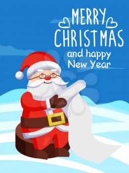 Father Christmas with paper scroll vector poster on snow. Merry Xmas and Happy New Year postcard Santa Claus reading wishlist sitting on wooden stump