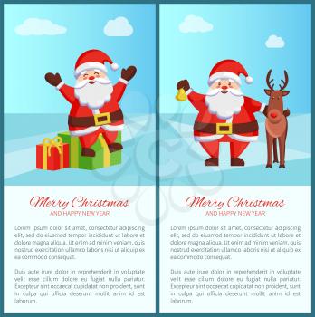 Merry Christmas Santa Claus and reindeer, winter character sitting on gifts and laughing, golden bell and clouds in sky, vector illustration