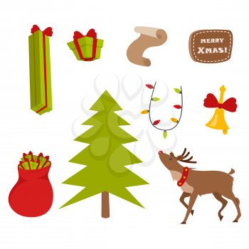 Set of nice Christmas icons on white background. Vector illustration of present, golden handbell, big reindeer, green fir tree, red bag with gifts, colourful festoon, brown Merry Xmas badge.
