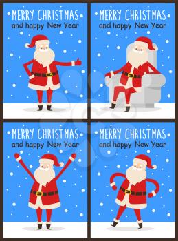 Merry Christmas and happy New Year Santa congrats on set of snowy posters. Vector illustration with happy smiling xmas symbol in different poses