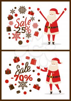 Christmas sale advertisement on two light posters on white background. Vector illustration with discount promotion from cute smiling Santa Claus