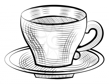 Coffee roma beverage in mug with handle isolated monochrome icon. Sketch of cappuccino or latte in dishware, caffeine drink, porcelain cup of coffee on saucer