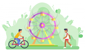 People walking and riding bicycle in amusement park vector, character on bike and person jogging. Spring summertime relaxation and leisure flat style. Green park with attraction