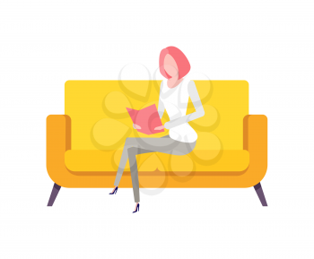 Person working from home vector, distant worker sitting on comfortable sofa, yellow furniture flat style. Secretary learning information form book document