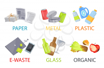 Paper metal plastic glass organic and e-waste set, vector illustration with trash icons collection isolated on white, food bottles and broken devices