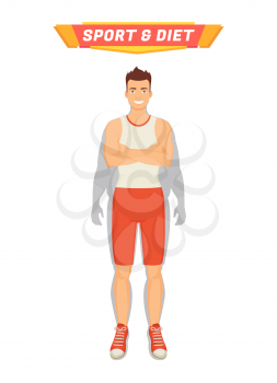 Sport and diet poster with man and transformation of his body. Fat shade of male and strong muscular sportsman smiling happily. Healthy human vector