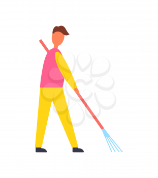 Man shape working on farm with tool vector icon. Person silhouette with rake for harvesting leaves in sportswear, badge in cartoon style farming theme