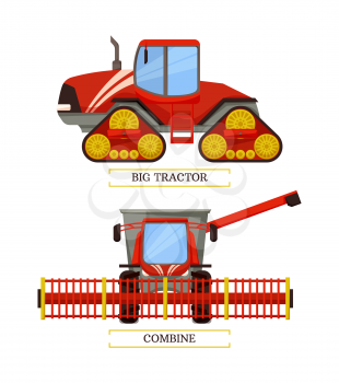 Agricultural machinery set, cartoon vector banner. New technique, big tractor on caterpillar band, combine with wide reaper and other tools isolated