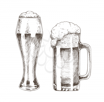 Tasty ale with foam poured into various goblets, isolated on white background vector illustration of graphic art, pair of glasses for beer drinking