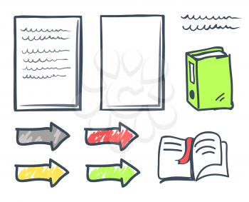 Office paper and bookmark in book isolated icons vector. Publication and arrowheads, pointers with files and folders. Indicator pages with signature