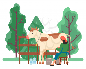Milkmaid on warm milking cow using buckets and bottles as container. Farming personage in farm. Nature of rural area with trees and greenery. Diary products production process, vector in flat style