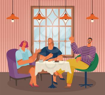Friends in cafe eating out on weekends. Man and women in restaurant calling waiter. Character having conversation by table. Personages talking in diner with modern interior, vector in flat style