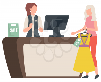 Shopping female character with clothes vector, counter with cashier. Dress hanging on hanger, fashionable clothing buying and playing for stuff flat style
