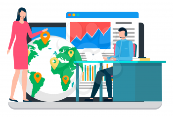 People working at postal office. Man and manager talking about work. Pointer show location on world map for delivery, worldwide transportation. Data graph and diagram on web page. Vector illustration