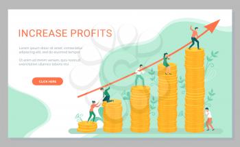 People working on increasing of profits of company vector, infochart with arrow. Man and woman team with money and gold coins with arrowhead. Website or webpage template, landing page flat style
