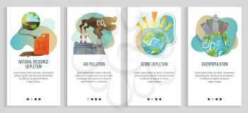 Air pollution and overpopulation of planet earth vector, natural resources depletion and ozone destruction, factory with smog and smoke set. Website or slider app, landing page flat style
