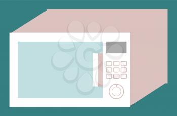 Technical device for kitchen. Microwave oven isolated on blue background. Kitchenware for cooking at home, heat and defrost meals. Appliance with door, handle and keypad. Vector illustration in flat
