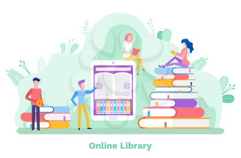 Online library vector, free access to publications flat style. Man and woman students preparing to exams, youth bookworm sitting on book, ebook device