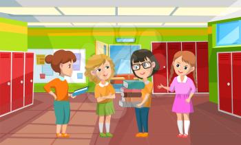 Girls discussing subjects in corridor vector, interior of hallway with lockers. Children with books smart classmates wearing glasses education, back to school concept. Flat cartoon