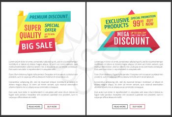 Premium quality and big sale posters set . Super mega discounts buy now and exclusive products. Special promotion only one day banners and text vector
