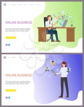 Online business, boss in office using PC computer vector. Woman looking at profiles of freelancers in internet. Communication in global web network. Webpage template, landing page in flat style