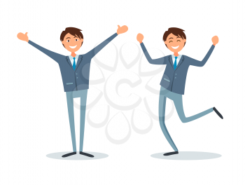 People happy with achievements, lucky businessman flat style vector. Worker with smile on face, successful managers jumping, leaders smiling celebrating