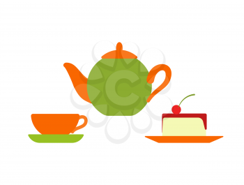 Teapot with mug and plate vector, isolated icon of served cake with cherry berry. Dessert with boiled water, teatime cafe with sweet dishes porcelain