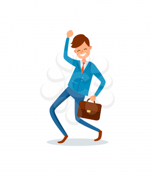 Worker man with briefcase, successful businessman with smile on face vector. Flat style of senior executive, boss with case jumping from happiness