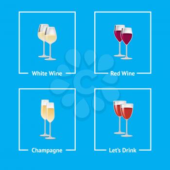 White and red wine with champagne icons with filled with alcoholic beverages in square frames. Vector illustration of drinks isolated on blue background