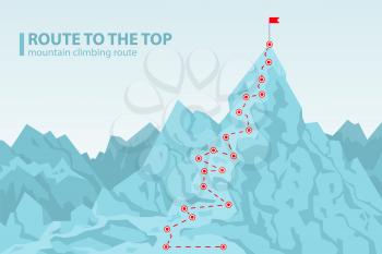 Route to the top mounting climbing, poster depicting mount and pole with red flag on its top, headline and image isolated on vector illustration