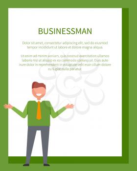 Businessman poster with man in green sweater with hands stretched to sides vector illustration with place for text in frame