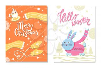 Hello winter Merry Christmas postcards with rabbit in pink sweater with scarf on background of snowflakes, abstract warm mittens, tea and scarf vector