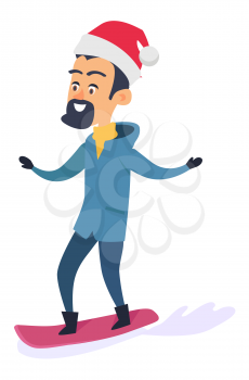 Studying snowboarding father on white background. Vector illustration of man in red hat doing winter kind of sports using purple snowboard in mountains. Happy spend of time outside on fresh air.