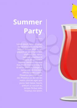 Summer party advertising poster with half icon of alcoholic drink in festive decorated glass. Vector illustration with beverages on purple background