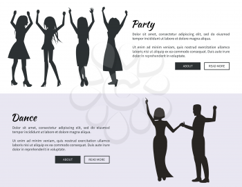 Party and dance posters with colleagues dancing, having fun and having drinks black silhouettes. Vector illustration with coworkers on white background