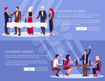 Successful business and company, web sites set, people drinking and eating in banquet and saying toasts, text and button vector illustration