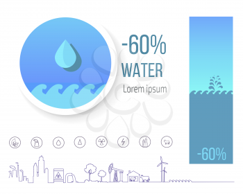 Reduction of freshwater problem, ecological disasters poster showing that amount of clean water reduced on 60 percent, vector illustration