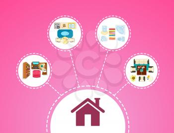 Big house icon and chambers connected with lines, kitchen and bathroom, office and living room in circles on vector illustration isolated on pink