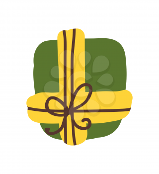 Gift box decorated with bow isolated on white background. Vector illustration with green box surrounded by yellow ribbon and decorated by black bow