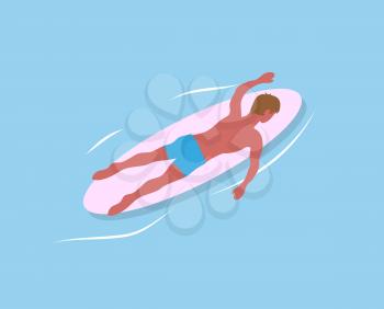 Man swimming on surfboard isolated on blue sea waters. Vector surfboarder relaxing in calm pool, extreme sport and cartoon character in trousers, back view