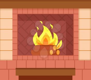 Brick fireplace with wooden logs and bright burning fire vector closeup. Interior with brickwork furniture, flame in hearth, warm stone heating firewood