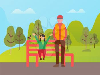 Woman sitting with rising hands and standing bird on red bench, man full length view, people in casual clothes, couple walking in green park vector