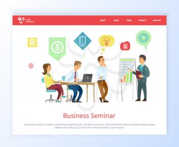 Business seminar vector, people on conference listening to leader and proposing ideas for solution of project. Boss with workers on meeting. Website or webpage template, landing page flat style